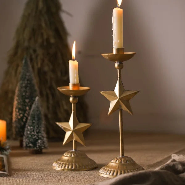 Handmade Star Design Iron Candle Stand Holder Gold Foil Custom Size Rustic Metal Candle Holder for Christmas Decoration Set of 2