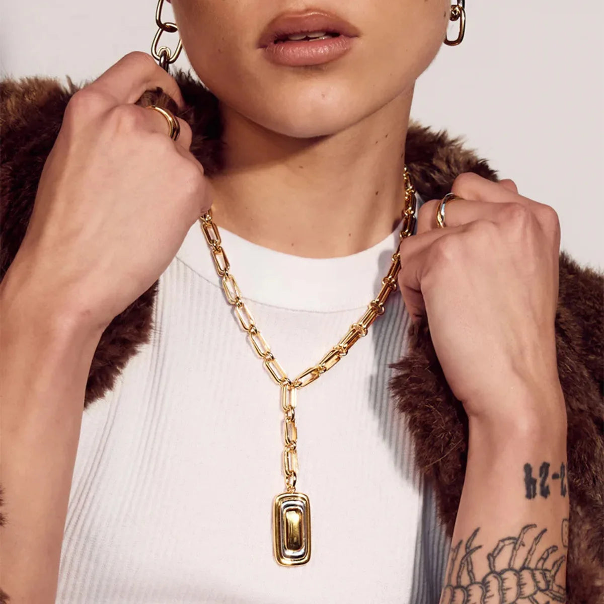 Ilona Hip Hop Jewelry Long Link Necklace Rectangle Charm Chain Stainless Steel Fashion Pendant Necklace
