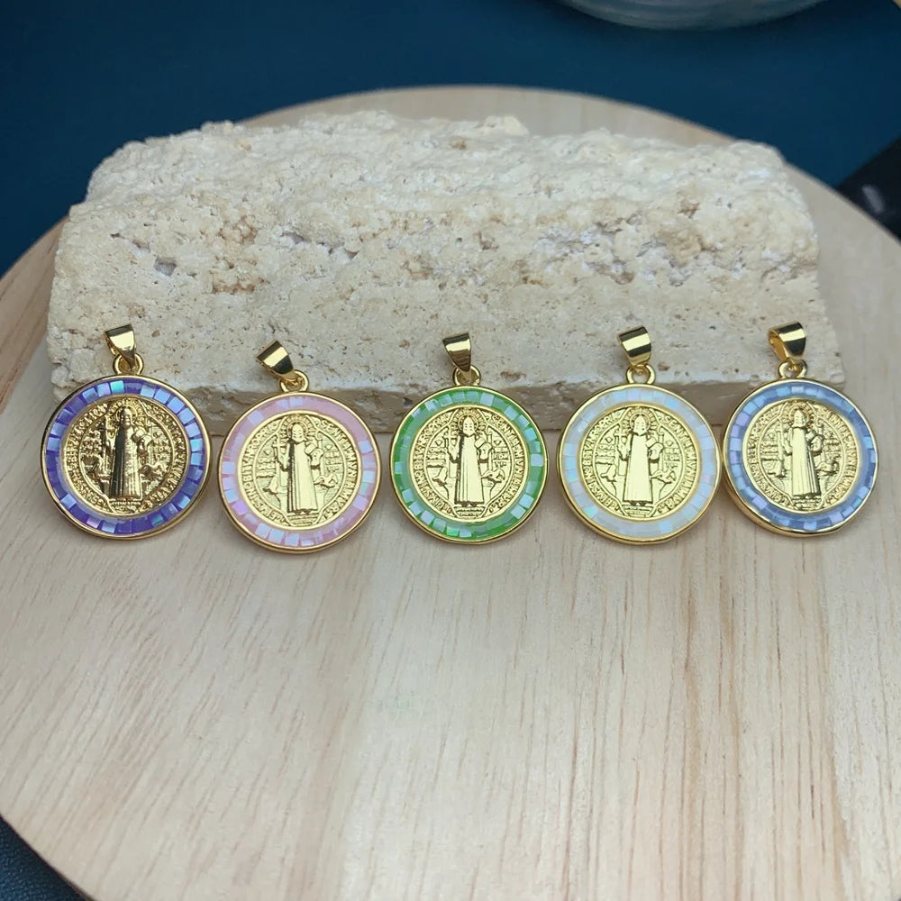Wholesale Round Shell Zircon Religious Saint Benedict Necklace Pendant Charms for Jewelry Making