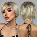 Factory Fast Delivery Short Blonde Synthetic Wigs for White Women Layered Side Part Straight Wig Natural Pixie Cut Bob Hair
