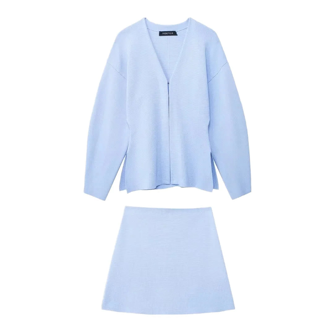Women's Vintage Spring Two-Piece Set Side Vents Plain Knit Fitted Cardigan High-Waist Mini Skirt Woven Solid Pattern
