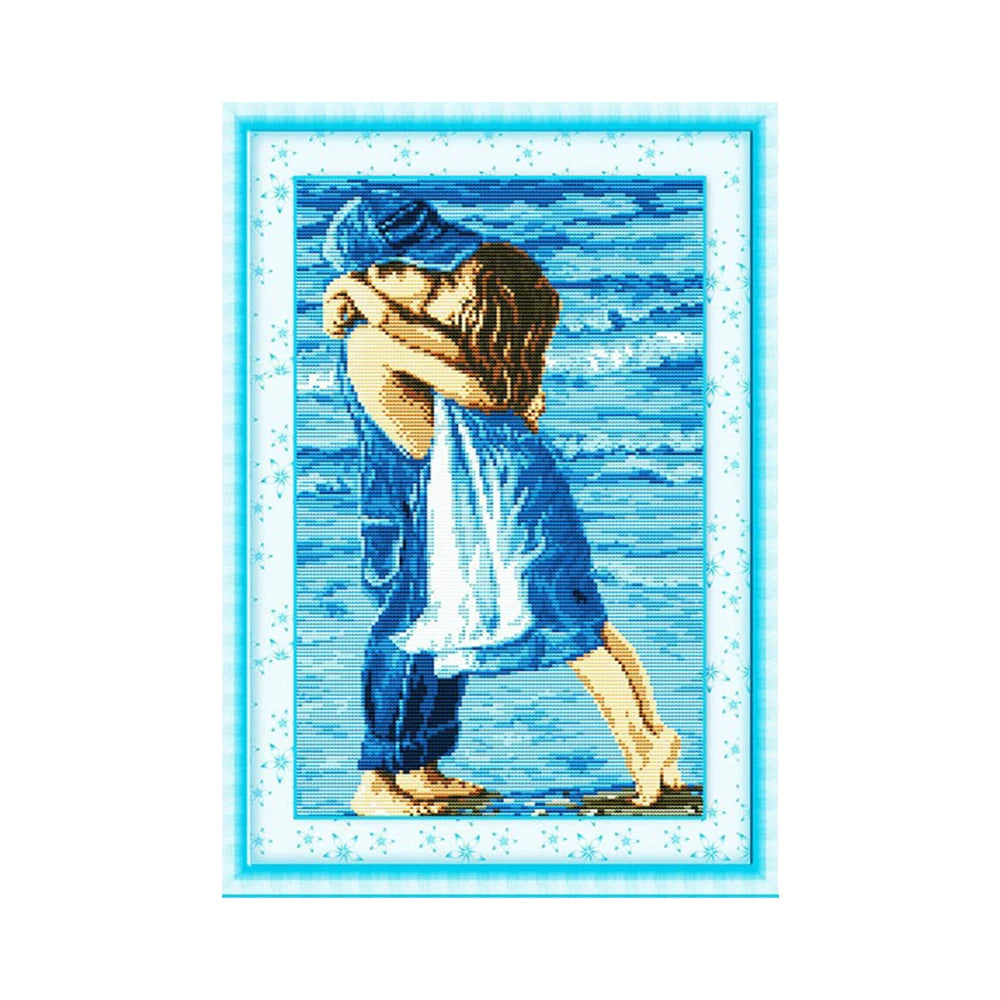 Handmade Cross Stitch Diy Two Kids Embracing by the Sea Drawing Embroidery Cotton Thread Embroidery Kit Living Room Decoration