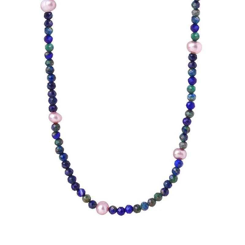 MARONEW Wholesale Custom Fashion Jewelry 18K Gold Stainless Steel Natural Lapis Lazuli Stone Pearl Beaded Necklace for Women