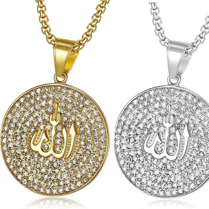 Trendy 18K Gold Plated Stainless Steel Pendant Necklace Inlaid Zircon for Christian Men Women Punk Style Muslim Necklace Chain