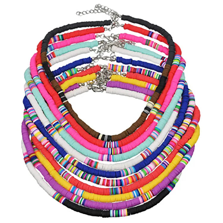 Beach Resort Style 6mm Soft Pottery Choker Necklace for Women Bohemian Adjustable Colorful Clay Collar Necklace Gift