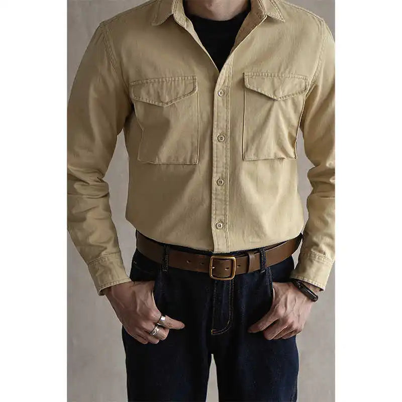 Men's 100% Cotton Solid Pattern American Retro Shirt Casual Long Sleeve Fishing Dress and Hunting Jacket for Spring Plus Size