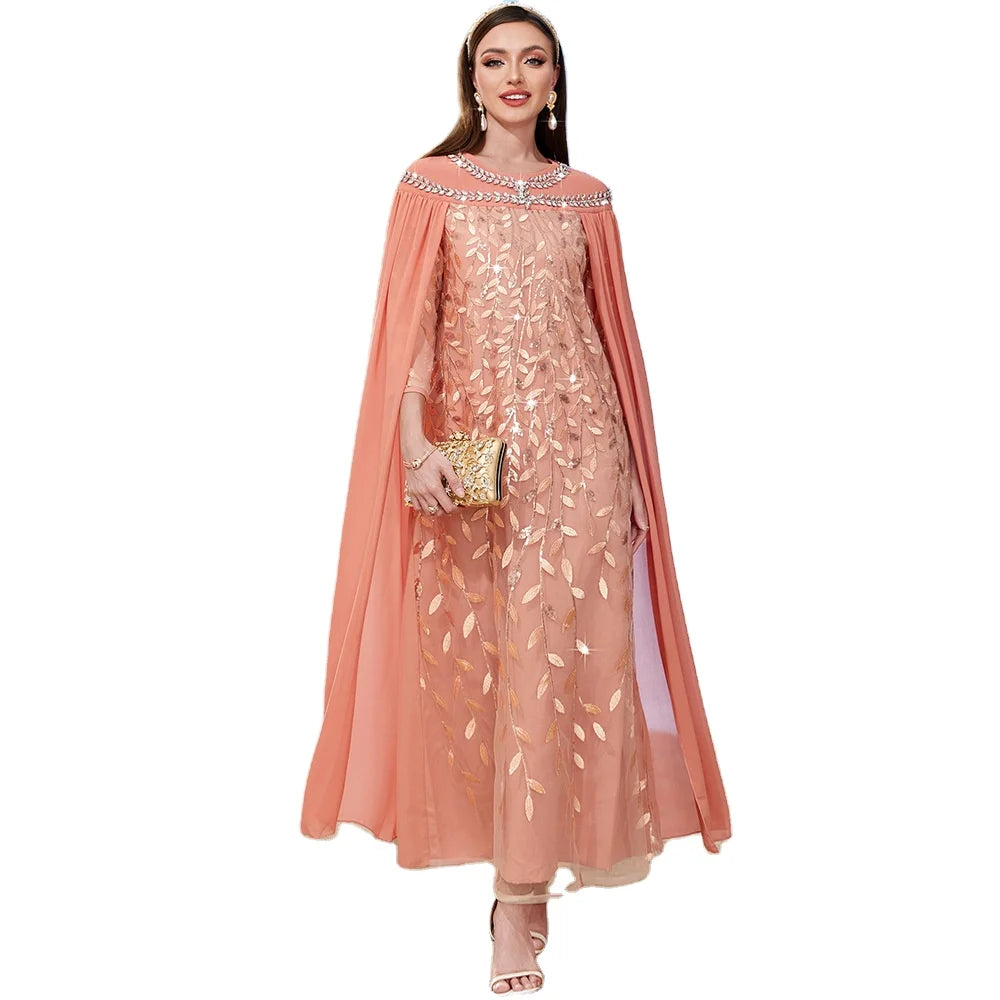 Luxury Style Orange pink Color Organza Embroidery Leaf Pattern Big Rhinestone Neck With Cape for Elegant Lady Women Party