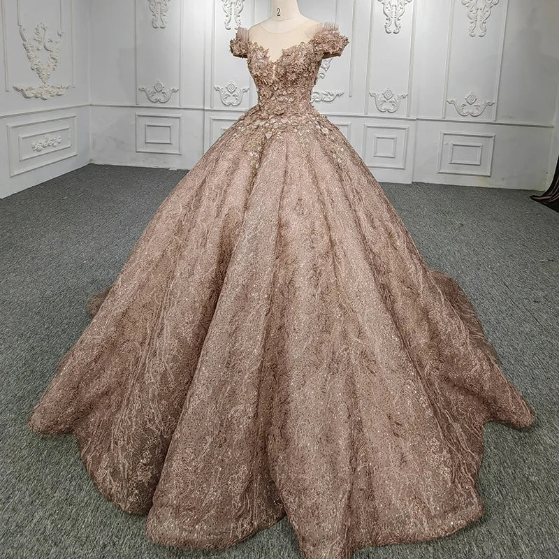 Jancember DY9954 Flower Short Sleeve Sweetheart  Lace up Ball Gown Evening Dresses