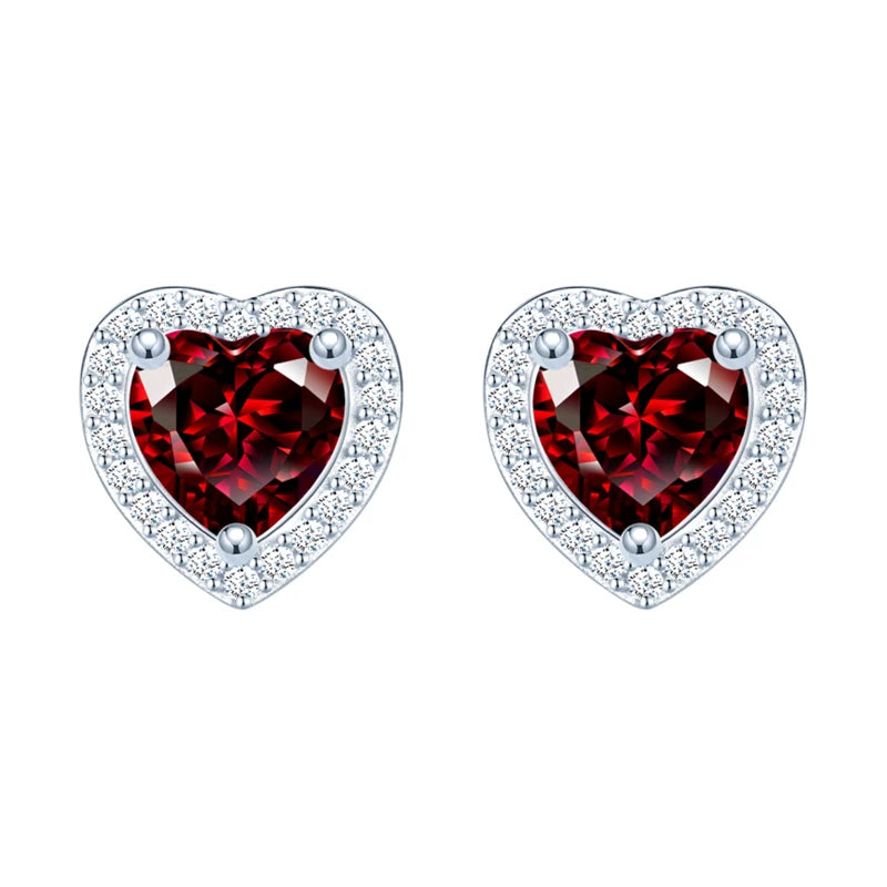 Fine Jewelry Trendy Rhodium Plated Cubic Zirconia Stud Earrings 925 Silver Red Heart Design for Anniversary Party Gift