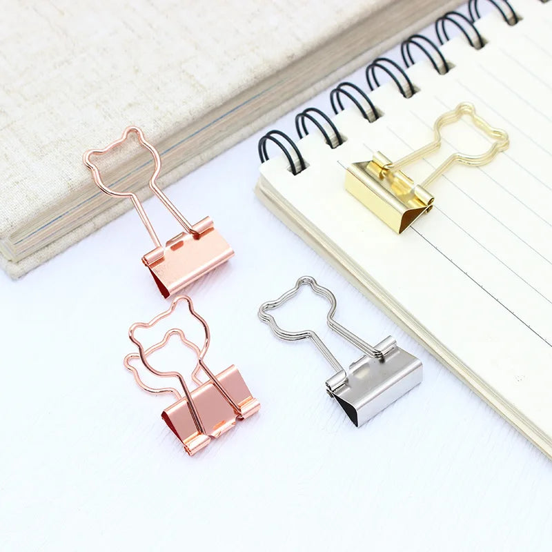 Rose Gold 19mm Small Cute Binder Clips Hollow Out Bear Animal Shape Metal Photo Ticket Clamp Bookmark Kawaii Stationery