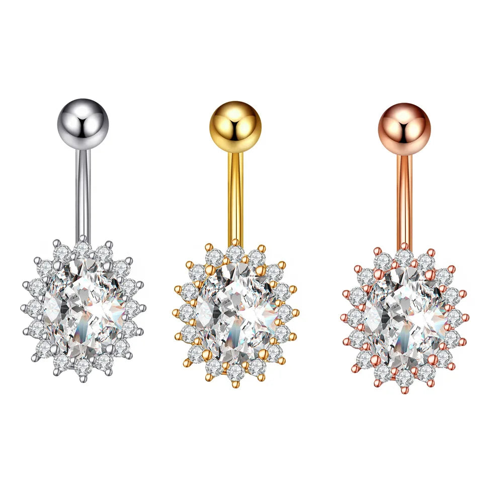 Sunflower Shaped Gear Austrian Zircon Stainless Steel Body Piercing Jewelry Flower Design Belly Button Ring for Weddings