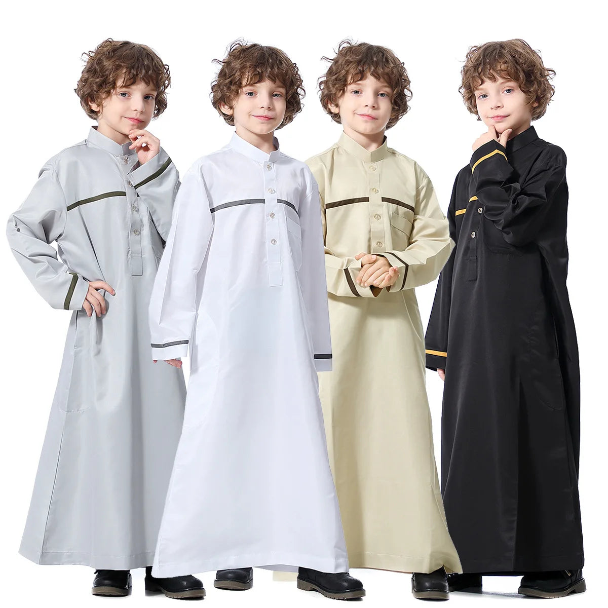 Arabic Thobe for Boys Solid Color Muslim Kaftan Crew Collar Robe with Zipper Long Sleeve Embroidery Stripe Print for Children