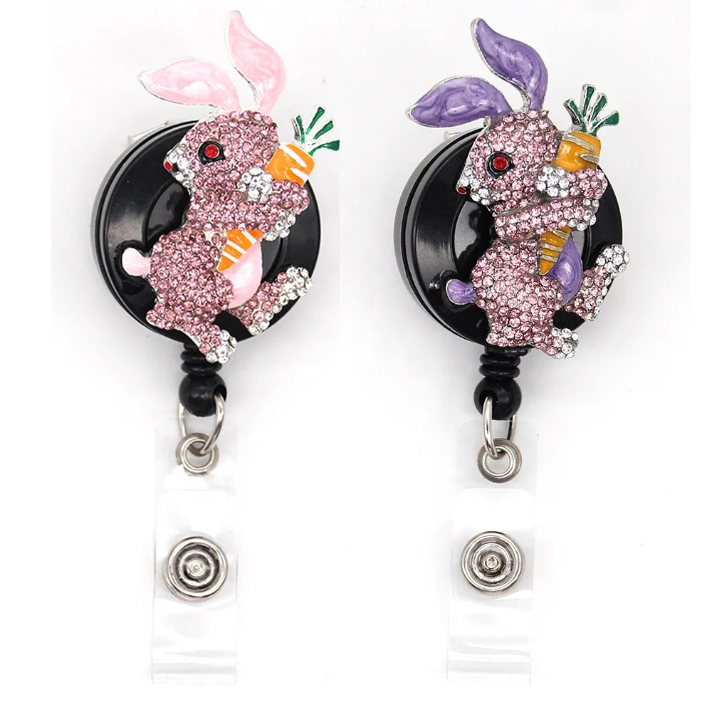 Crystal Rhinestone Pink Purple Retractable Rabbit Badge Reel Animal ID Retractable Accessory with Clips