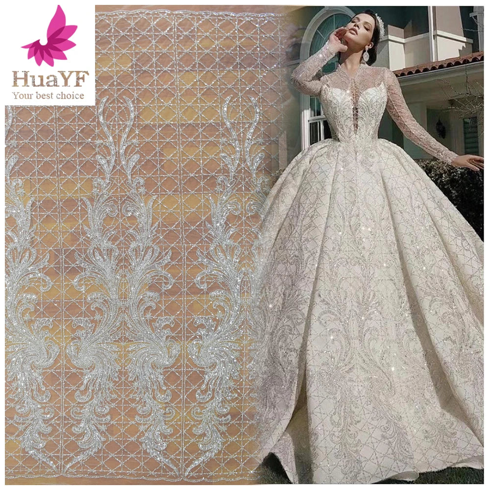 2020 New Classy Ivory Beaded Sequined Embroidery Bridal Mesh Lace Fabric for Eco-Friendly Luxury Wedding and Party Dresses