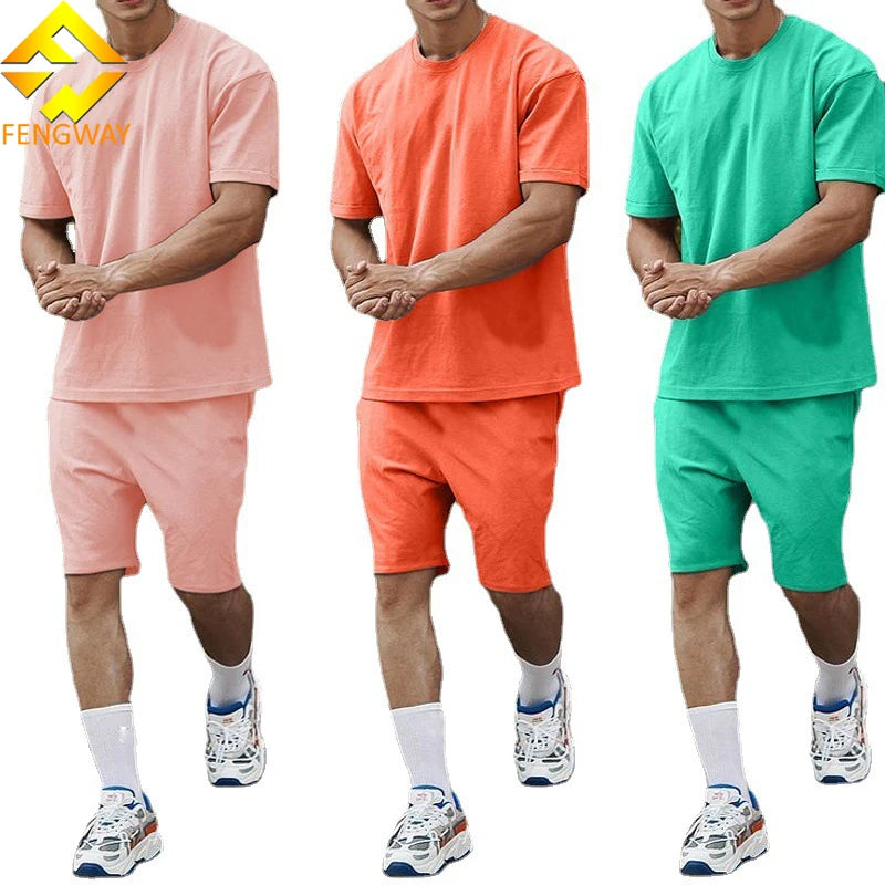 Men's Custom Logo Sport Clothing Sets Summer Solid Fashion Two-Piece Cotton T-Shirt and Shorts Breathable Casual Style