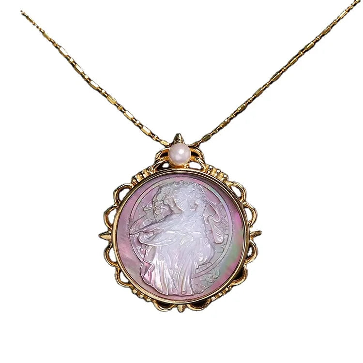 925 Sterling Silver Jewelry Wholesale Gold Plated Nature Sea Shell Caving Mother of Pearl Cameo Necklace MOP Pendant Necklace
