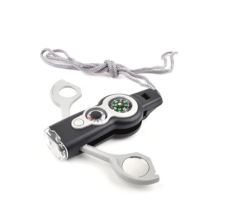 7 in 1 Multi-functional Training Survival Whistle with LED Light Magnifying Glasses Compass