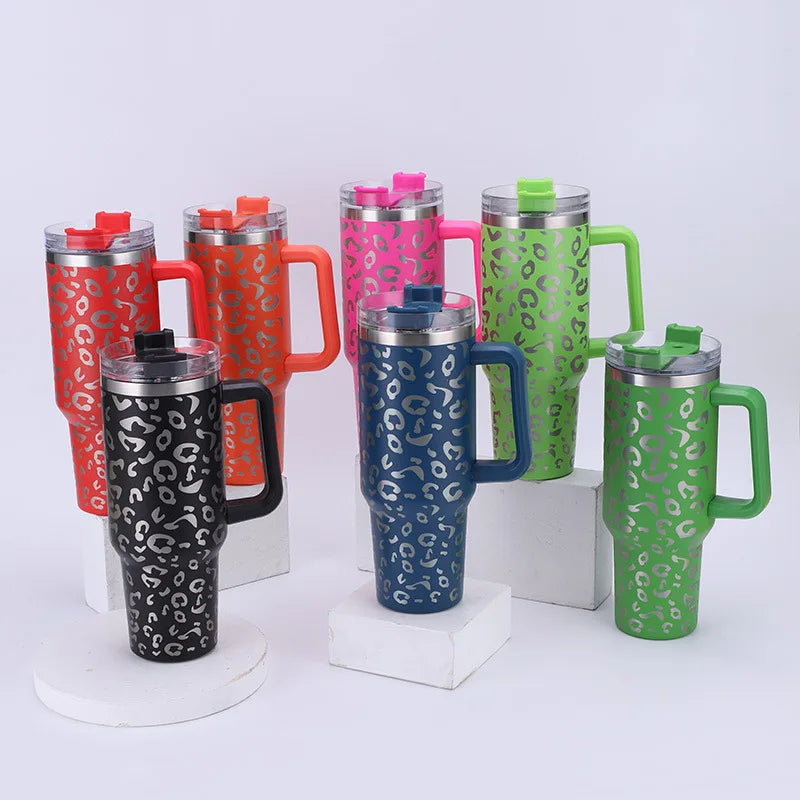 2025 New Updated Vacuum Metal Cup Leopard Pattern Stainless Steel Travel Mug 40oz Insulated Handle Tumbler With Lids and Straw