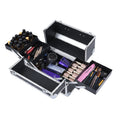 Large Capacity Portable Makeup Train Case for Women Fashionable Black Travel Cosmetic Case with Open Closure and Lockable Keys