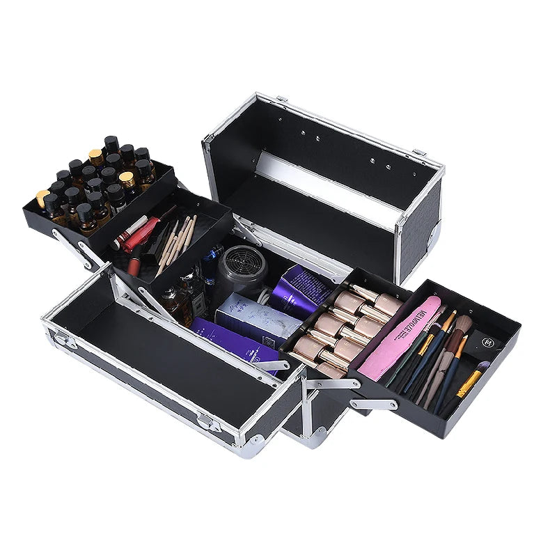 Large Capacity Portable Makeup Train Case for Women Fashionable Black Travel Cosmetic Case with Open Closure and Lockable Keys