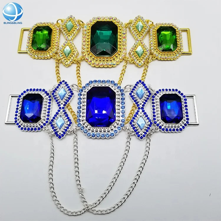Hot Sale Blue Square Crystal Tassel Chain Alloy Rhinestone Bikini Buckle Connectors for Swimsuit Beachwear Accessories
