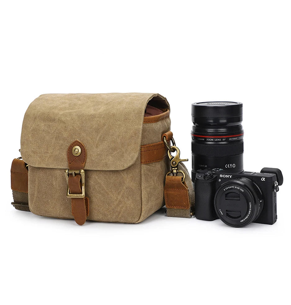 Best Small Brown Waterproof Vintage Retro Travel Waxed Canvas Dslr Camera Over the Shoulder Bag with Inserts Dividers