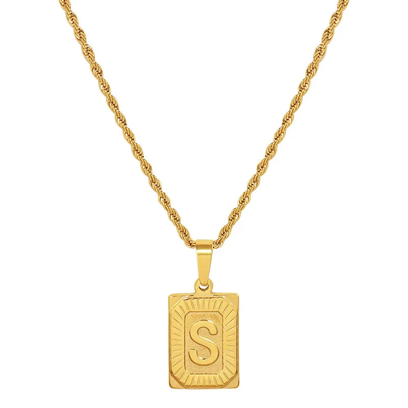 New 2022 PVD Fashion Jewelry Women 18K Gold Plated Rectangle Stainless Steel Pendant  Initial Necklace