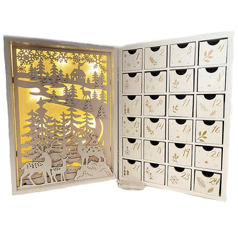 LED Wholesale Desk White Fidget Toy Xmas Christmas Countdown 24 Day Wooden Advent Calendar Drawer Storage Boxes Decoration