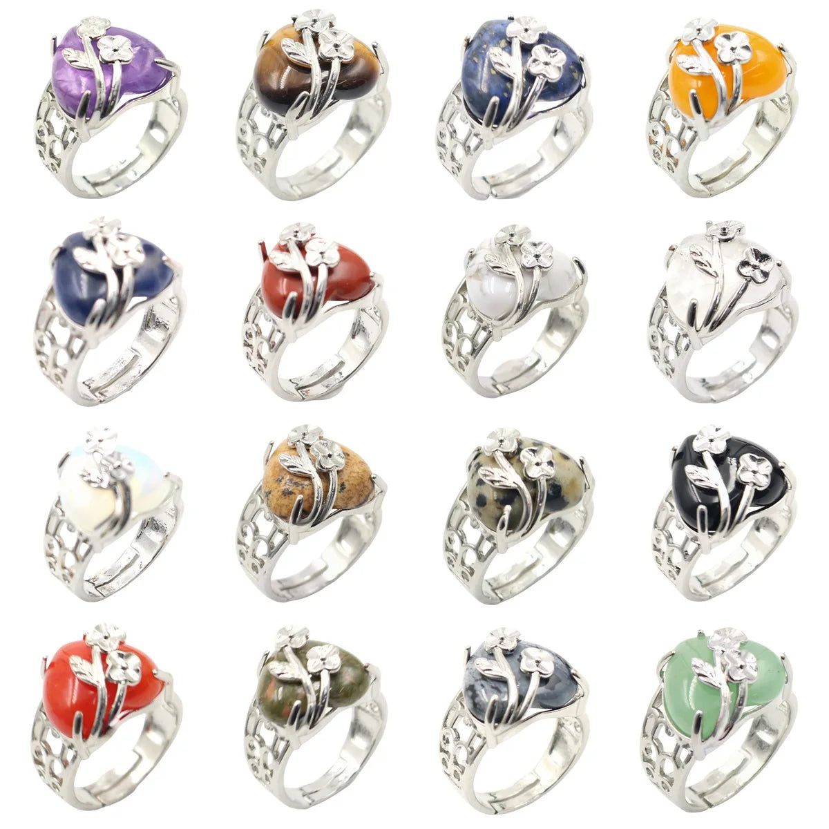 South Africa Style Gem Ring Silver Alloy Ring Love Shape Gemstone Natural Chakra Crystal Anniversary Gift for Friend and Lover