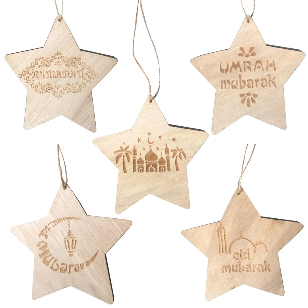 Islamic Muslim Ornament Eid Ramadan Mubarak Wooden Star Pendants Tree Party Decoration 2022 Home Wall Hanging Decor