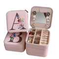 Portable 26 Letter Printed Pink PU Leather Travel Jewellery Organizer Storage Box for Earrings Necklaces with Mirror