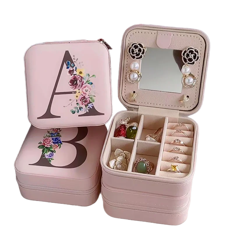 Portable 26 Letter Printed Pink PU Leather Travel Jewellery Organizer Storage Box for Earrings Necklaces with Mirror