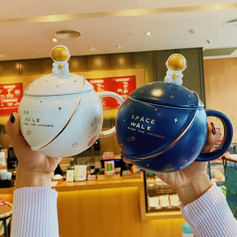 MSH 400ml Reusable Planet Astronaut Design Ceramic Coffee Mug With Lid Spoon for Gift
