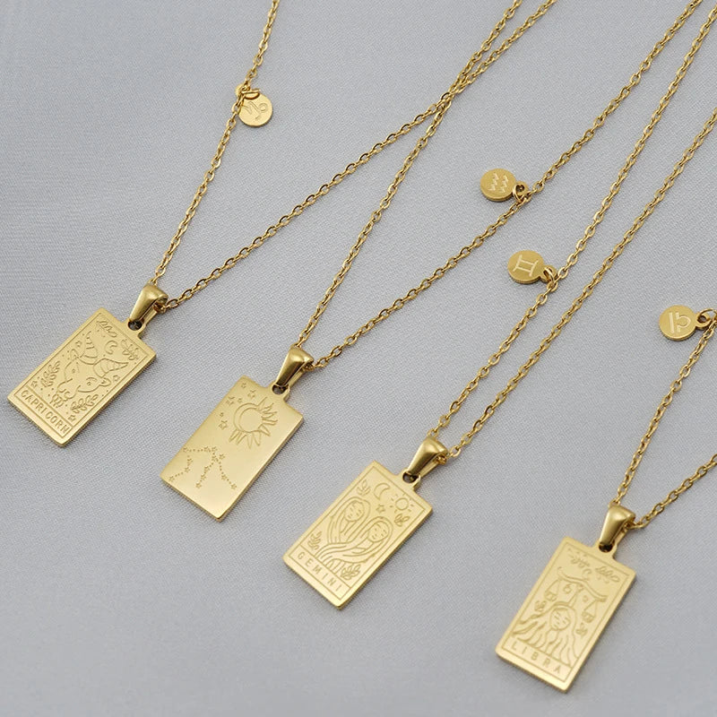 2021 New Retro Square Tarot Pendant 12 Asterism Zodiac Necklace Stainless Steel Link Chain for Gift Wedding Anniversary