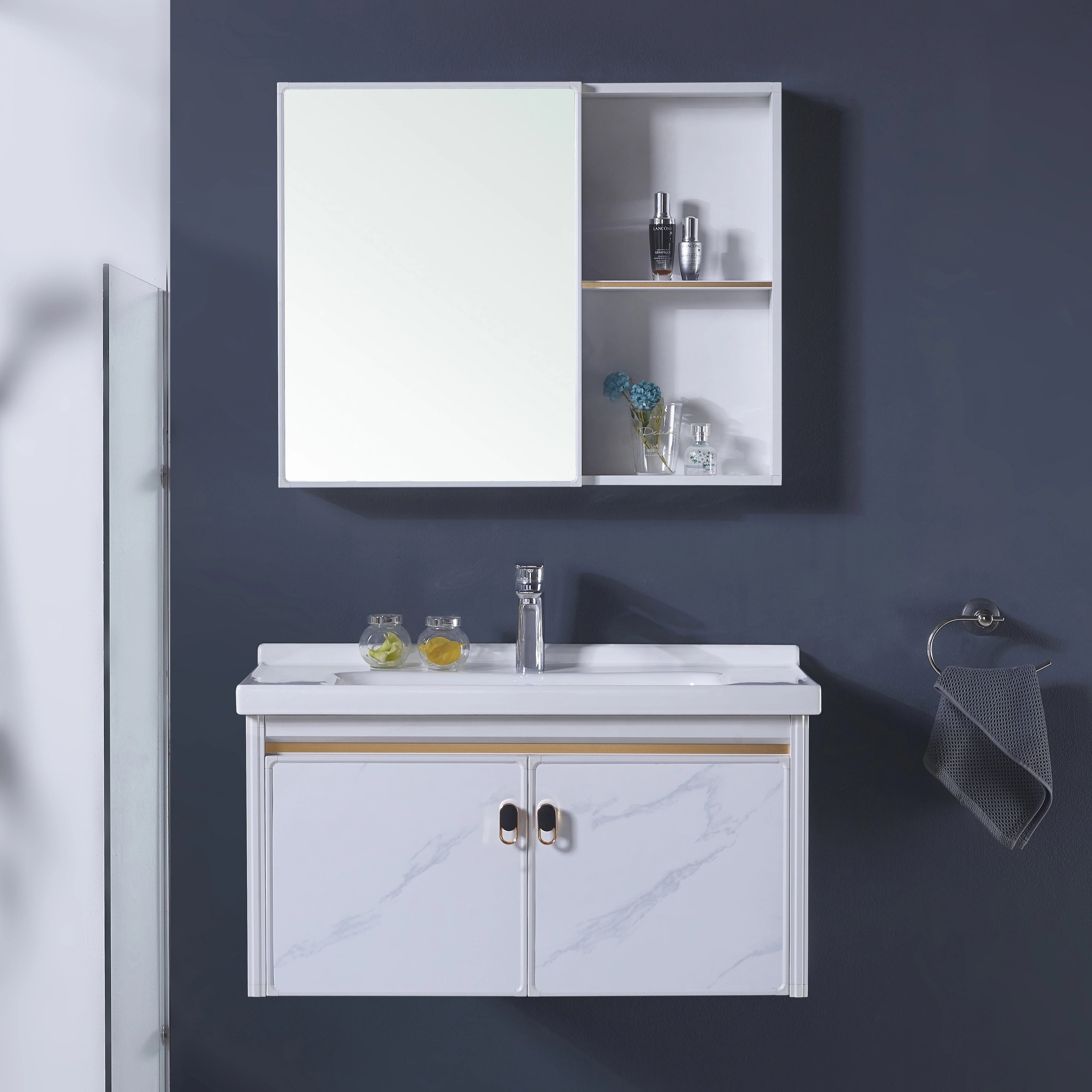 Luxury Aluminum Bathroom Cabinet Wall-hung Countertop Sink Mirror Vanity Drainer Single Hole Self Cleaning Glaze Hotel Use