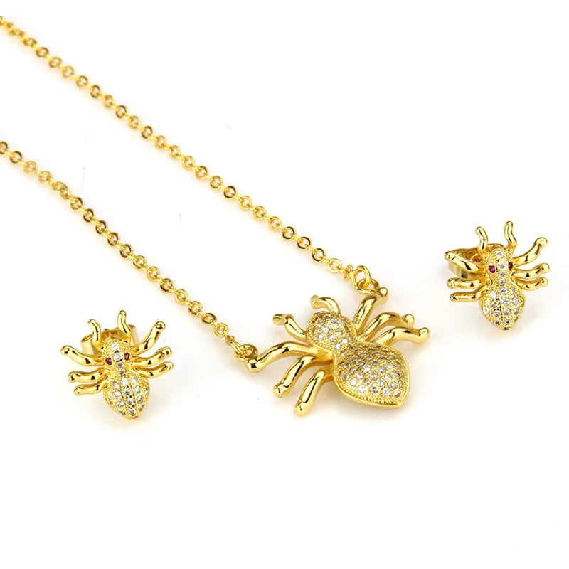 Hot Selling Stud Earrings Necklace Set Copper Micro-inlaid Zircon Gold/Silver Plated Insect Spider Pendant Fashion Jewelry Set