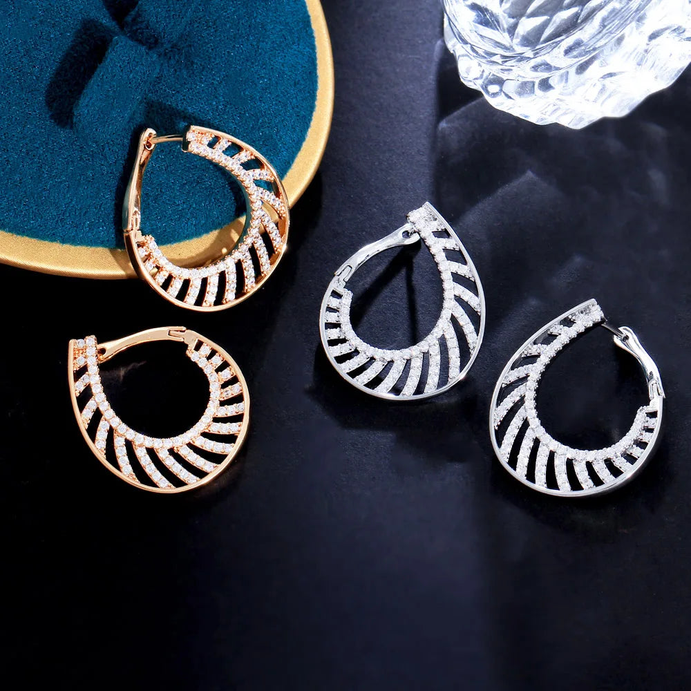 2023 New Trendy Symmetrical Circle Round Drop Cubic Zirconia Hoop Stud Huggie Earrings for Women 585 Gold Plated Hypoallergenic