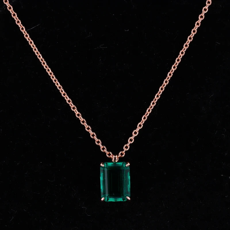 Lab Grown Emerald Rose Gold Plated Silver Chains Necklace Claw Setting
