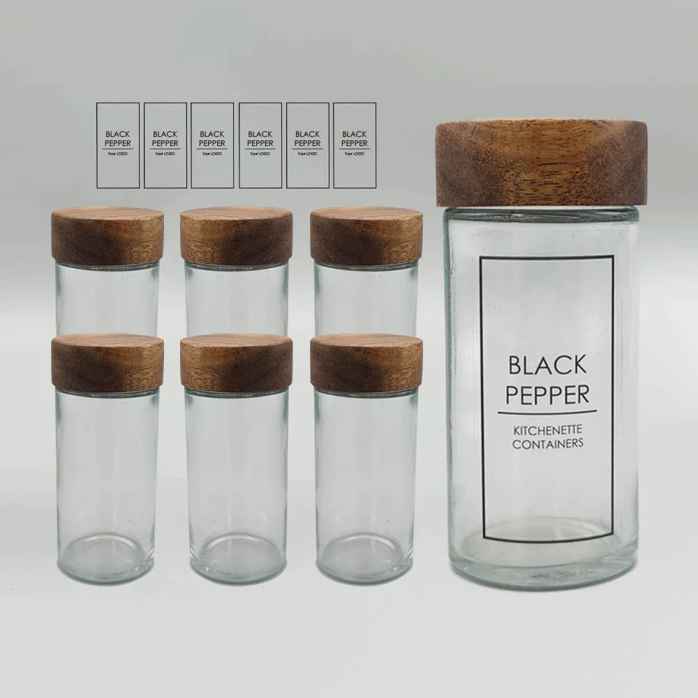 Wholesale 6 Pack 90ml 100ml 2oz 3oz Round Shaker Lid Spice Bottle Glass Jars Set with Wooden Cap and Sticker Label