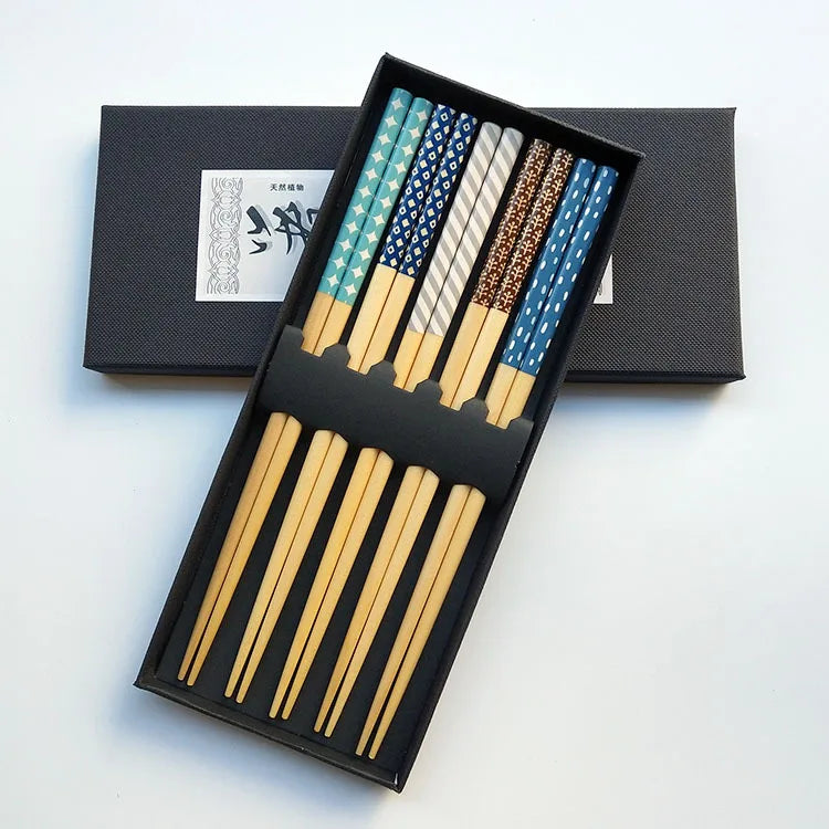 Premium 5-Pair Japanese Style Natural Wood Chopsticks Set Reusable Bamboo with Luxury Gift Box for Business Gifts