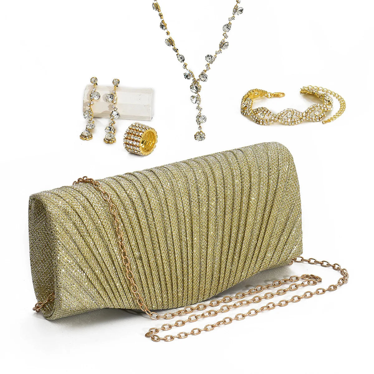 Bridal Jewelry Set Stylish Simple Diamond Bracelet Earrings Necklace PU Clutch Dinner Bag Set (KJ140)