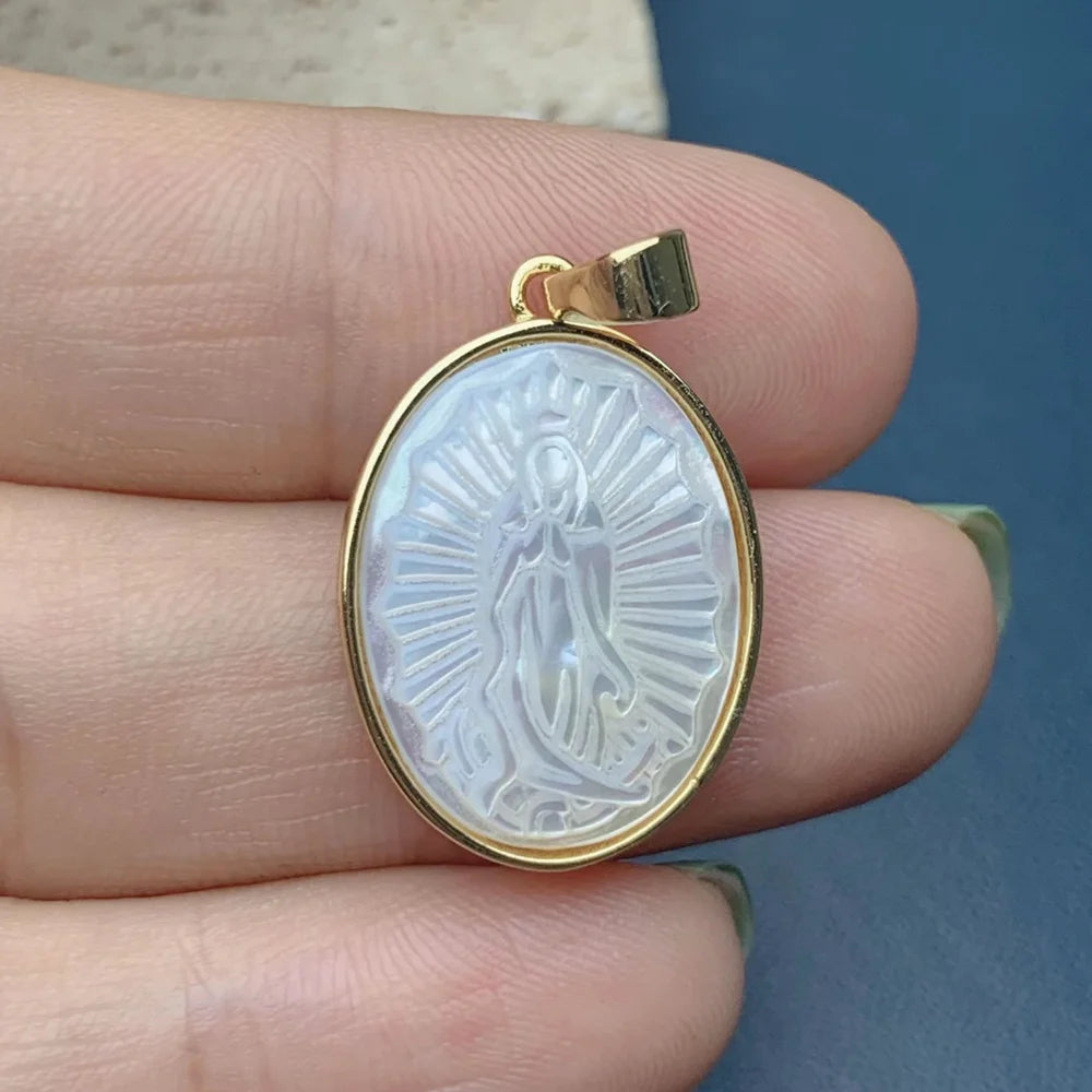 Wholesale Custom Oval Guadalupe Pendants Women White Sea Shell Charms for Jewelry Making Religions Necklace