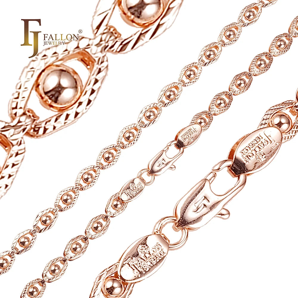 3.2mm+ FJ Fallon Fashion Jewelry Eyes Beads Fancy Link Chain Plated in Rose Gold Brass Based Split
