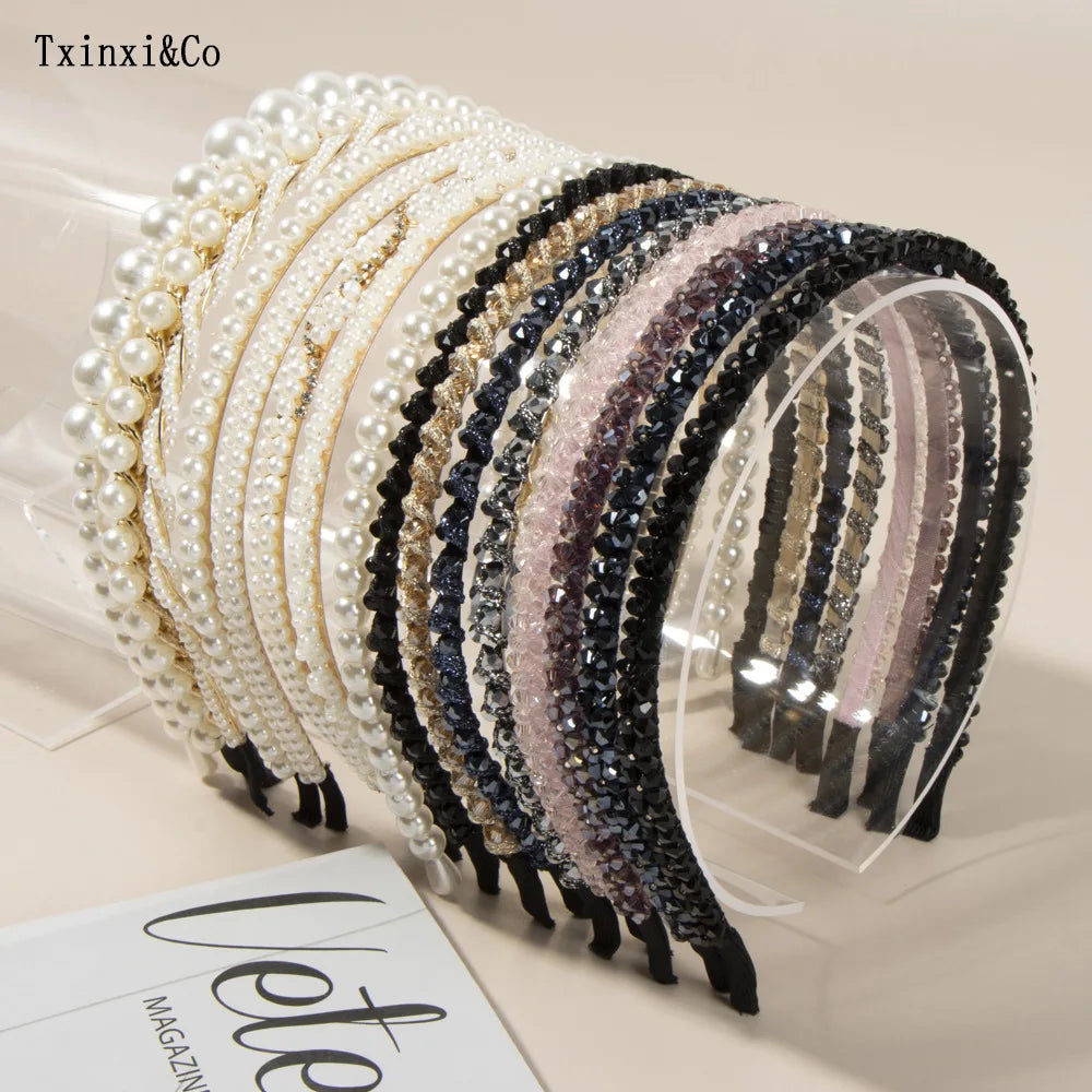 FanYue 0.5CM Width Pearl Headband Fine Crystal Headband Full Diamond Headband Vintage Hair Bands for Women Pearl 2022