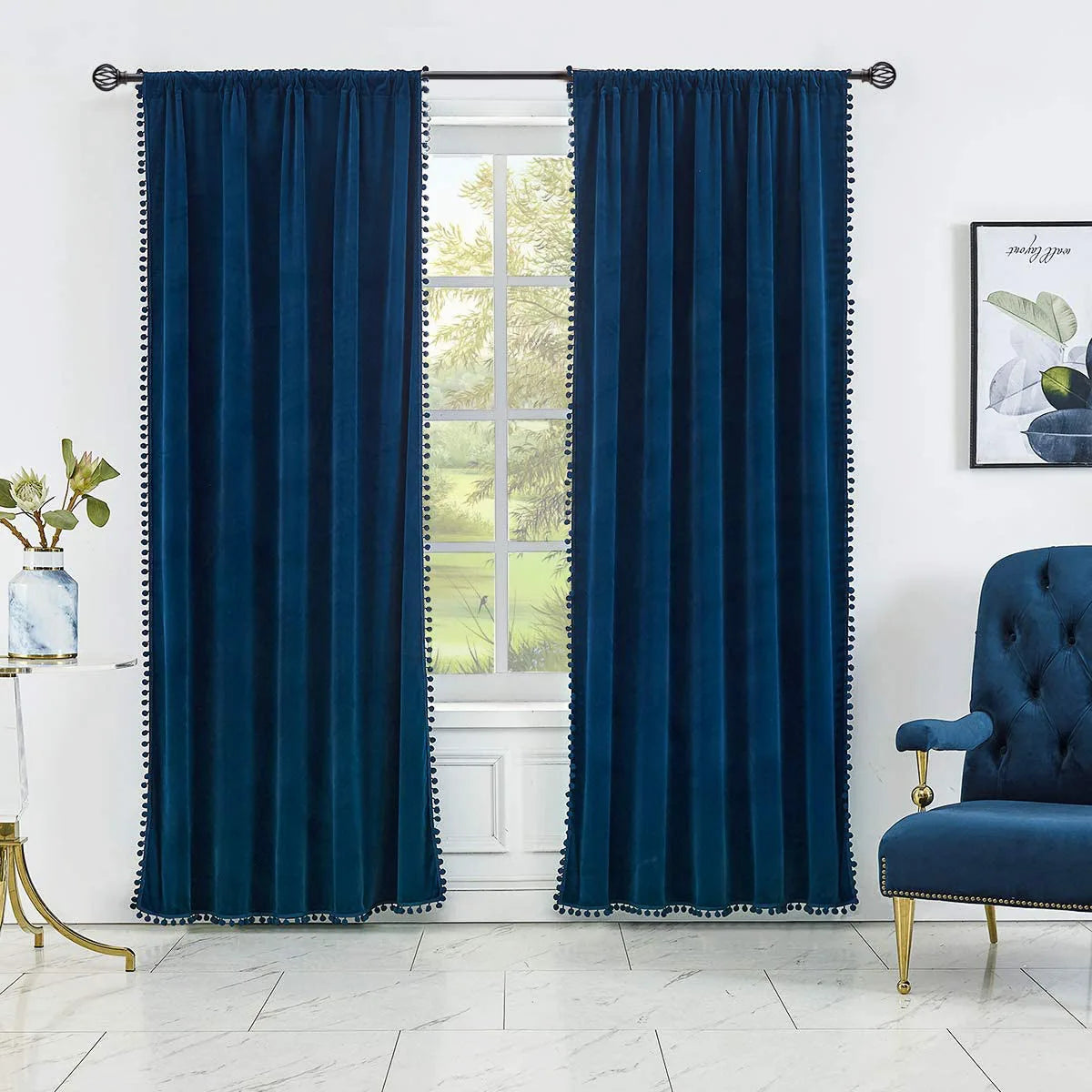 Wholesale Luxury Pompom Velvet Polyester Blackout Flame Retardant Insulated Grommet Modern Curtains Panels Living Room Window