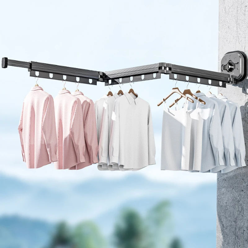 OWNSWING Suction Wall Mount Folding Clothes Drying Rack With Retractable Suction Cup Extension Pole Reusable Clothes Drying Rack