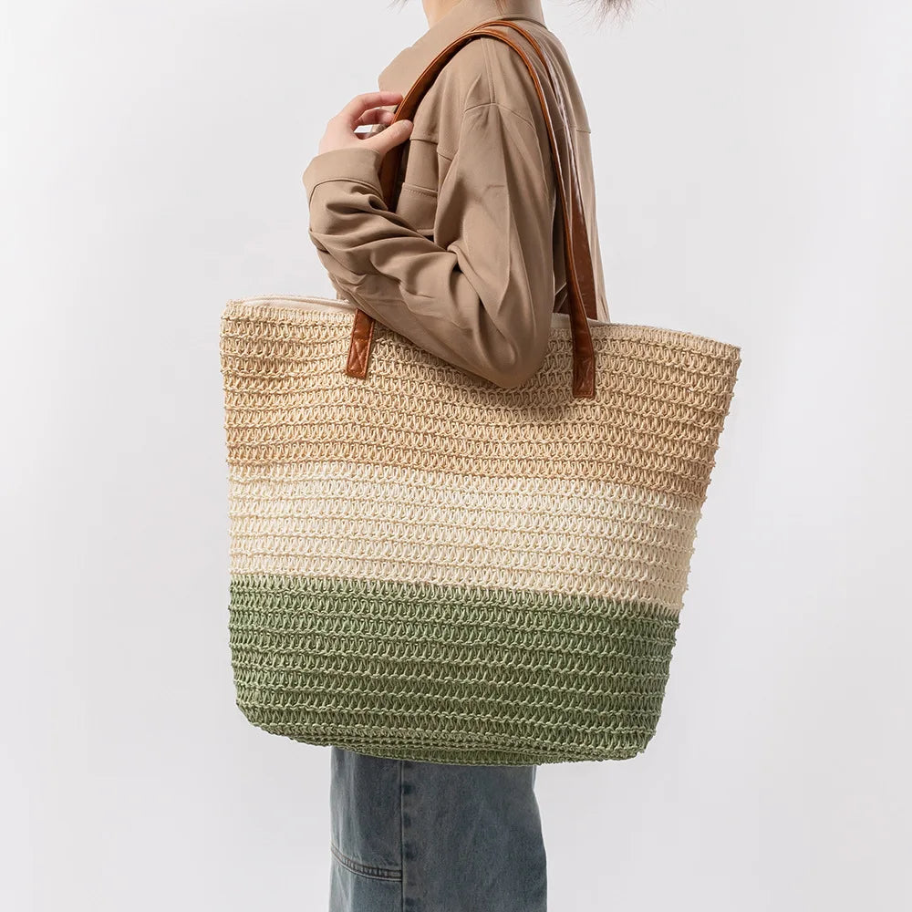 Custom Printed Logo Beach Straw Bags Ladies Weave Beach Handbag Reusable Grocery Shopping Gift Oversized Knit Straw Tote Bag