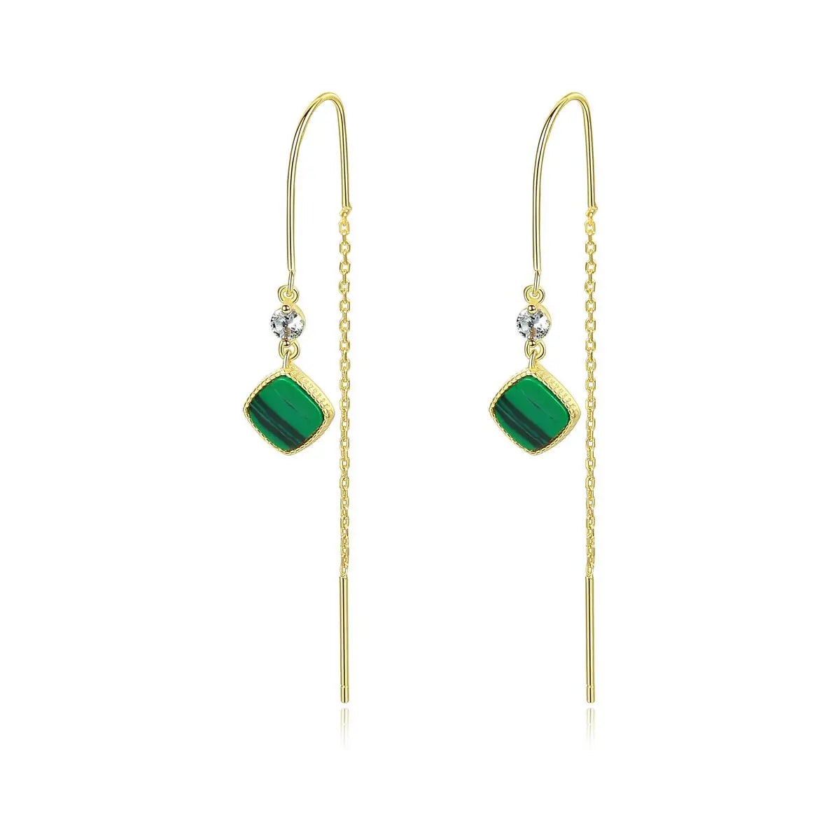 Fashion Jewelry 925 Sterling Silver 18K Gold Plated Malachite Long Chain Earrings Wire for Women Ladies Birthday Gifts