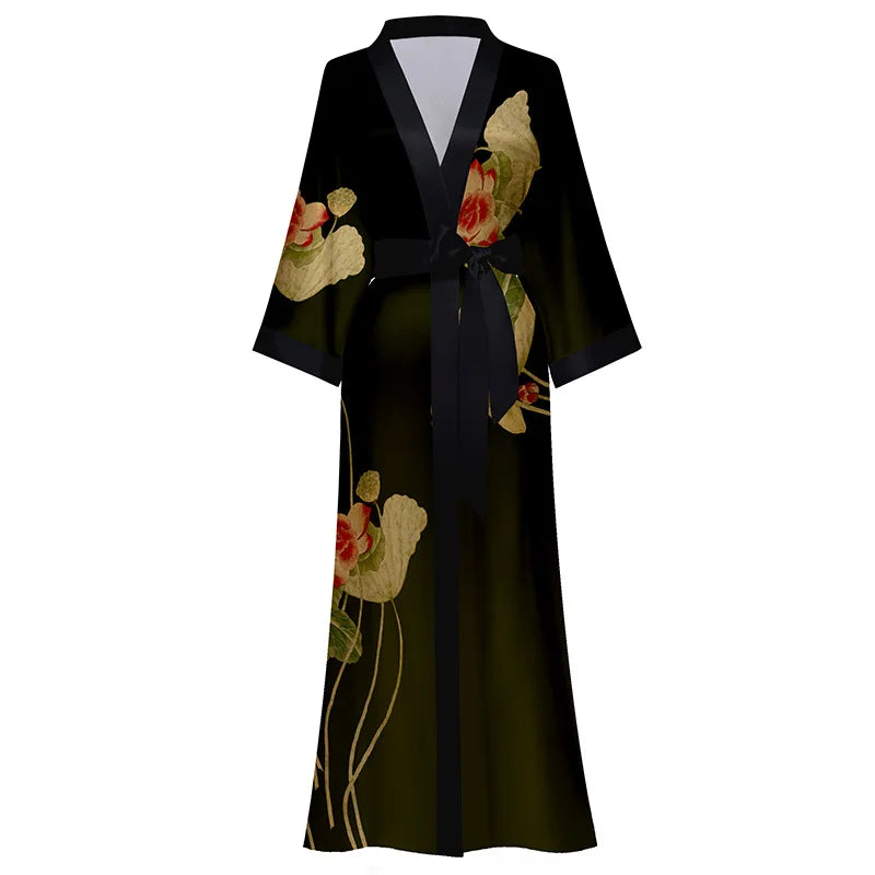 New Chinese Luxury White Satin Plus Size Casual Bathrobe Women's Nightgown with Belt Spring Summer 3/4 Sleeves Full Length