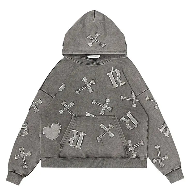 Embroidery Logo Vintage Acid Wash Hoodie Distressed Applique Oversized Heavyweight Pullover Hoodie